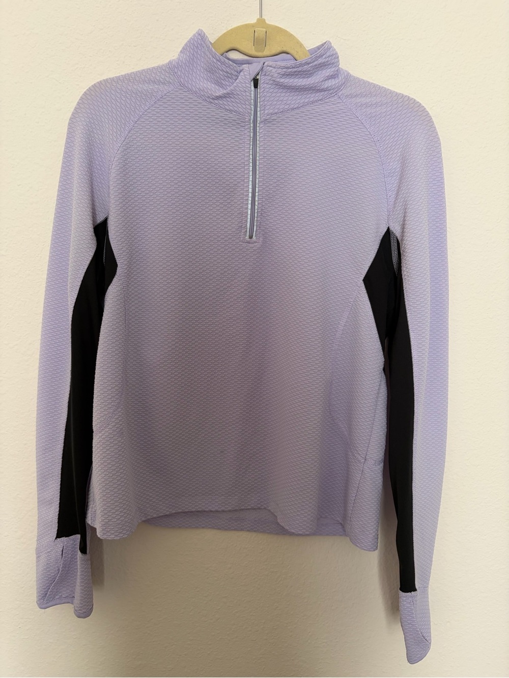Lavender Quarter-Zip Pullover with Black Side Panels and Thumb Holes